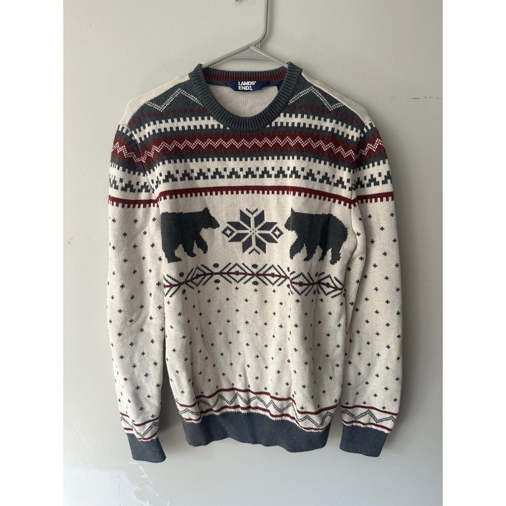 Lands End Mens Fair Isle Bear Snowflake Cotton Sweater Cream Grey Red Small